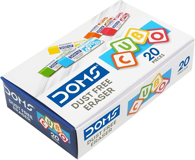 Doms Dust Free Cubo Eraser Box Pack | Comfortable Edge for Easy Handling | Non-Toxic & Safe for Kids | Attractive Body Colors | Pack of 20 Pcs