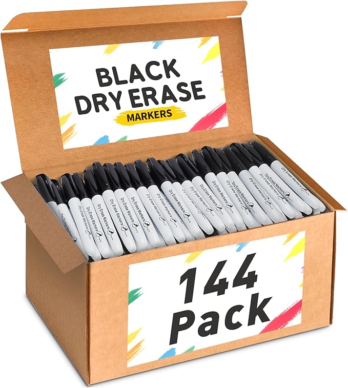 V-Opitos 144 Pack Fine Tip Dry Erase Markers - Bulk Whiteboard Erasable Black Markers, Ideal for School Classroom Office Supplies, Non-Toxic & Easy Clean for White board