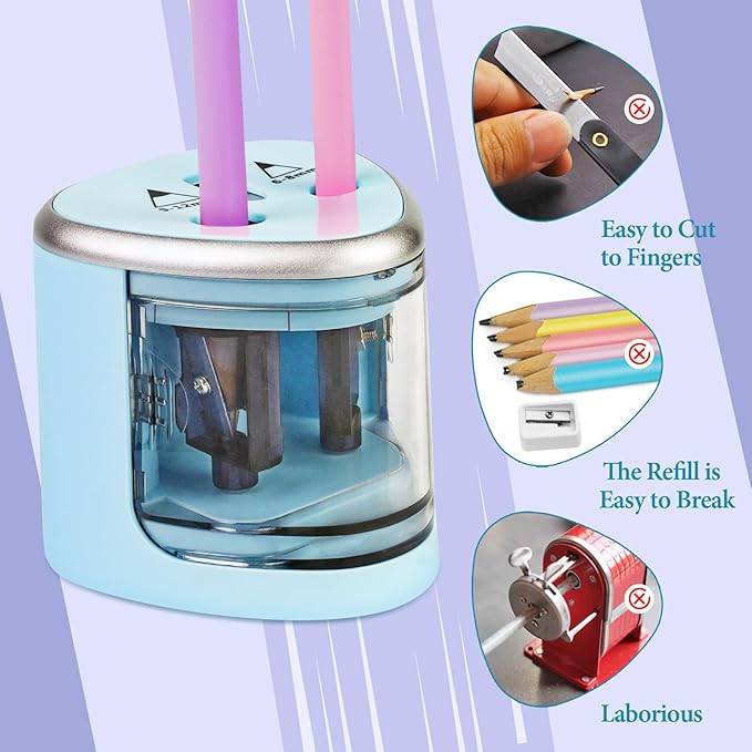 AUAUY Electric Pencil Sharpener with Double Hole, Battery Operated Automatic Sharpener with 2 Extra Knife Holders, for 6-8mm/9-12mm Standard Pencils, Colored Pencils, and Makeup Pencils（Blue）