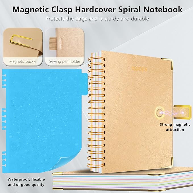 Hardcover Spiral Notebook College Ruled, 8.5"x11" Leather Journal Notebook with Magnetic Closure, 300 Pages 5 Subject Notebook with Dividers Tabs Journal for Women Men, Work, School(Golden)