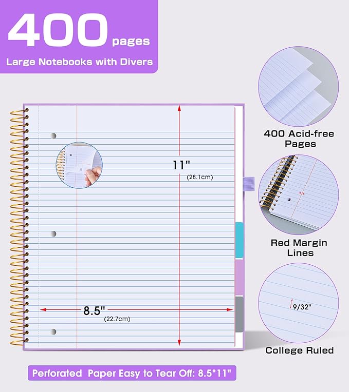 5 Subject Notebook College Ruled,80GSM Paper Thick Hardcover Spiral Notebook Lined Journal with Removable Dividers Tabs,400pages 8.5"x11" Paper Large Notebooks for School Work,3-Hole Punched, Purple