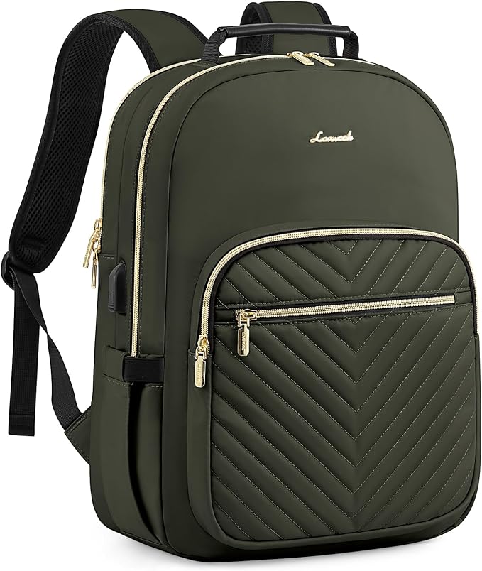LOVEVOOK Laptop Backpack Purse for Women, Work Business Travel Computer Bags, College Nurse Backpack for Womens, Quilted Casual Daypack with USB Port, Fit 15.6 Inch Laptop, Army Green