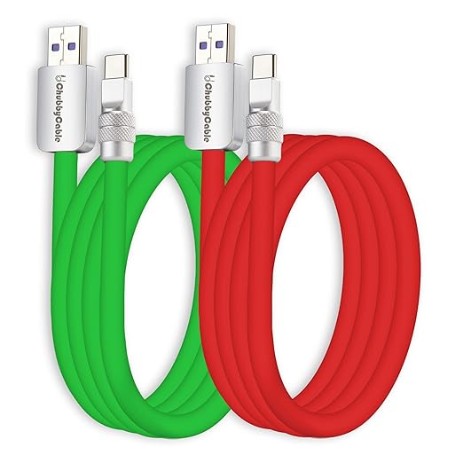 chubbycable Couple Chubby 2 Pack 120W USB C Cable Extra Thick Silicone Fast Charging Cable Compatible with iPhone 17-15 Series iPad Galaxy Series, Green+Red, USB-A to Type-C, 4.9FT