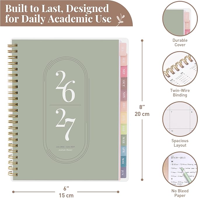 Rileys Academic Planner 2026-2027, Daily, Weekly & Monthly Planner, July 2026 - June 2027, Student Notes Pages, Twin-Wire Binding, Weekly Agenda for School & Work (8 x 6-Inches, Green)