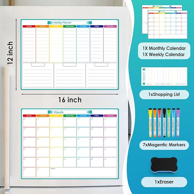 MaxGear Magnetic Fridge Calendar Whiteboard, 16"x12" Monthly and Weekly Dry Erase Board for Refrigerator, Smooth Writing and Effortless Cleaning Planner Board with 7 Markers,1 Eraser,1 Shopping List