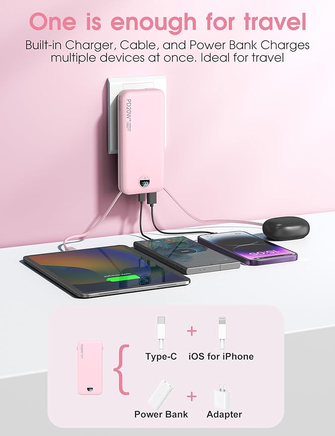 citicr Portable Charger, 10000mAh PD20W Fast Charging Power Bank with Built-in Cables & Wall Plug, External Battery with LED Display, Travel Battery Bank for iPhone, iPad, Samsung Fairy Pink