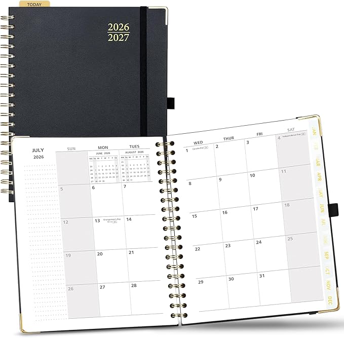 POPRUN Monthly Planner 2026-2027 Spiral Hardcover (8'' x 10''), 18 Months Calendar (Jan.2026-Jun.2027) - 2 Pages per Month with Dotted Note Pages, Sunday Start, Laminated Tab - Black