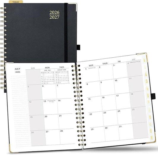 POPRUN Monthly Planner 2026-2027 Spiral Hardcover (8'' x 10''), 18 Months Calendar (Jan.2026-Jun.2027) - 2 Pages per Month with Dotted Note Pages, Sunday Start, Laminated Tab - Black