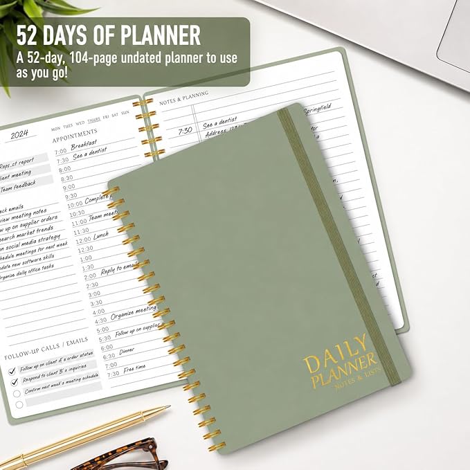 Daily Planner Undated - Simplified To Do List Notebook with Hourly Schedules, Spiral Appointment Organizer, 5.5" x 8.5", Easily Manage Your Tasks and Productivity - Green