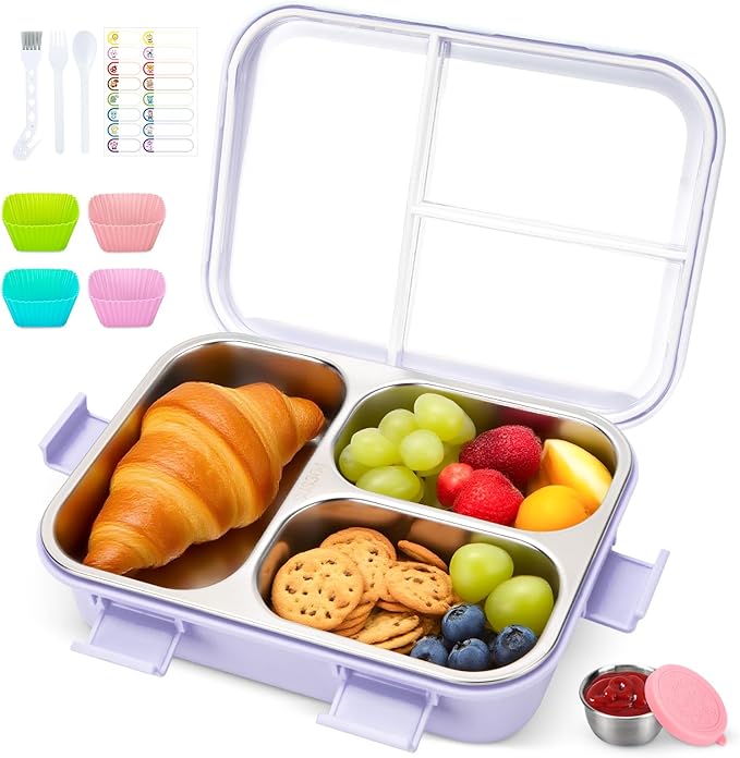 Kids Stainless Steel Lunch Box, 3 Compartments Leakproof Metal Bento Lunch Box, Containers with Silicone Lids for Office, Picnics, Dishwasher Safe, Purple
