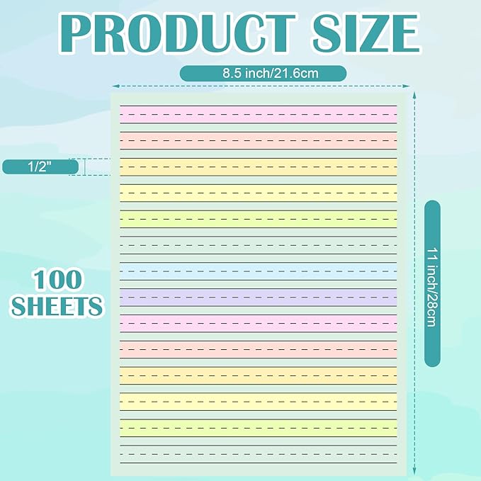 100 Sheets Handwriting Paper 8.5”x11” Double Side Colored Primary Writing Paper for Kids with ADHD 0.5” Tactile Writing Lines Spacing Multi-Sensory Ruled Handwriting Tablet Dysgraphia Pad for Children