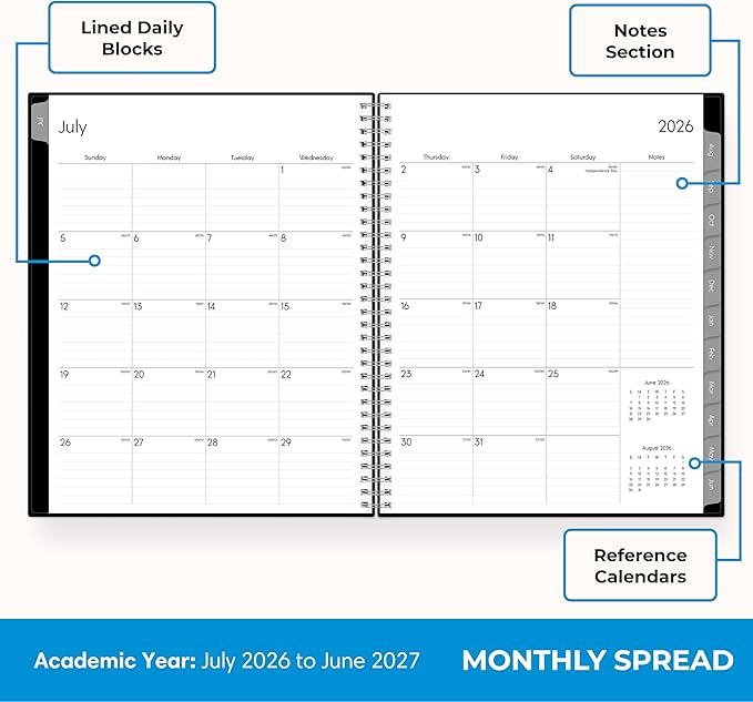 Blue Sky 2026-2027 Monthly Academic Year Planner Calendar, July 2026 - June 2027, 8" x 10", Monthly Layout, Flexible Cover, Wirebound, Laminated Tabs, Enterprise