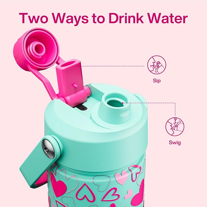 ENCOOL Insulated Water Bottle with Straw Stainless Steel Water Bottle, Leak-Proof, BPA-Free, Keeps Cold for 24 Hours for Sports, Travel, School (26 oz, Sweet Hearts Pink x Mint)