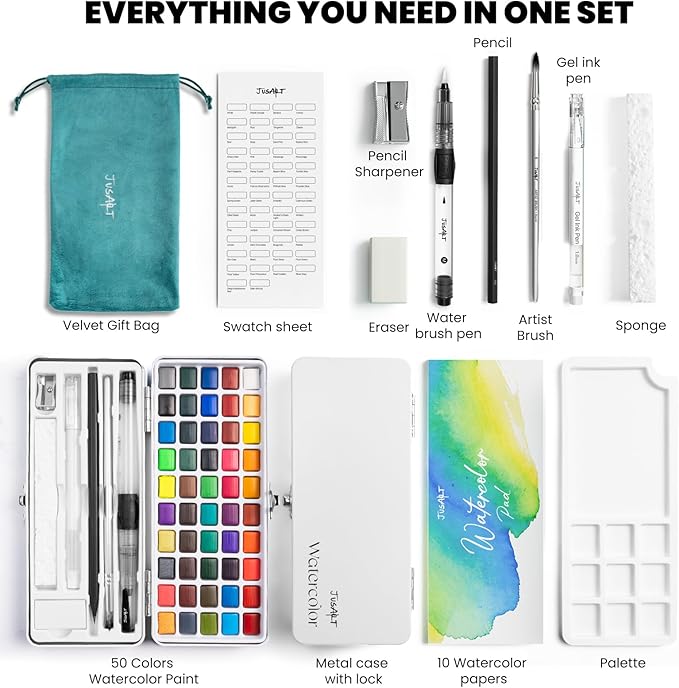 JusArt 50 Colors Watercolor Paint Set,Art Supplies with Metallic Color, Detail Painting Brushes, Water Brush Pens, Portable Travel Watercolor Painting Set for Adult, Artists, Professionals