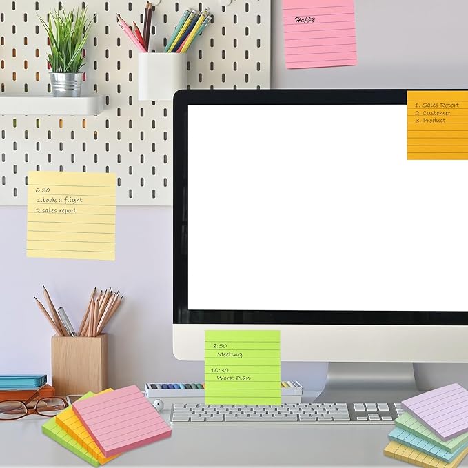 HQCME 9 Pack Lined Sticky Notes 3x3 in Post Sticky Notes with Lines, 9 Multi Colors Ruled Colorful Super Sticking Power Memon Pads, 82 Sheets/Pad