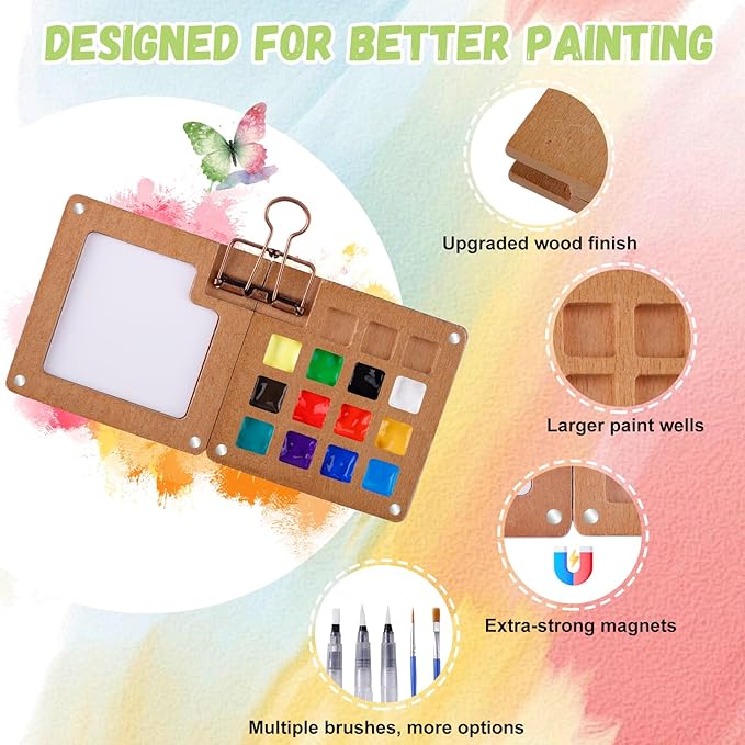 Watercolor Paint Set 12 Colors, 15-Compartment Mini Travel Watercolor Kit with 5 Brushes & Sketchbook, Portable Wooden Box with Color Storage Case for Plein Air & Urban Sketching
