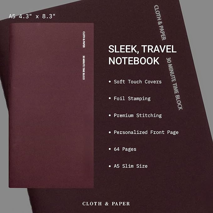 Cloth & Paper Travel Notebook | Time Blocking Planner – Bordeaux | A5 Slim Daily Schedule Planner 4.3" x 8.3" | 30 Minute Time Block Layout for Planning, Scheduling & Productivity – Soft Touch Cover