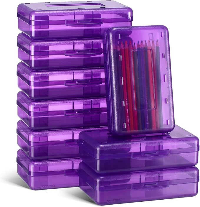 Leelosp 12 Pack Clear Pencil Boxes for School Bulk, Large Plastic Pencil Case with Lid, Stackable Hard Crayon Storage Box for Classroom Kids, Desk Drawer Organizer for Office Home(Purple)