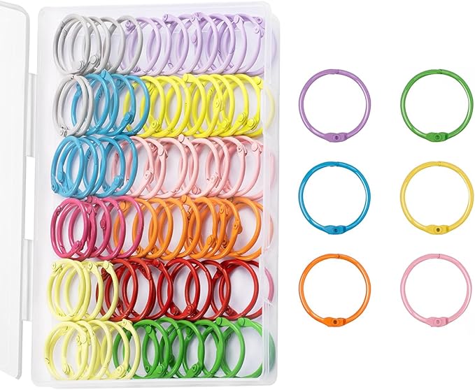 Metallic Loose Leaf Binder Rings，1.2 Inch,Flash Card Rings,Clip Rings for Index Cards,Colorful Key Rings,with 1 Clear Organizer Box，Notebook and Crafts for School, Home,Office