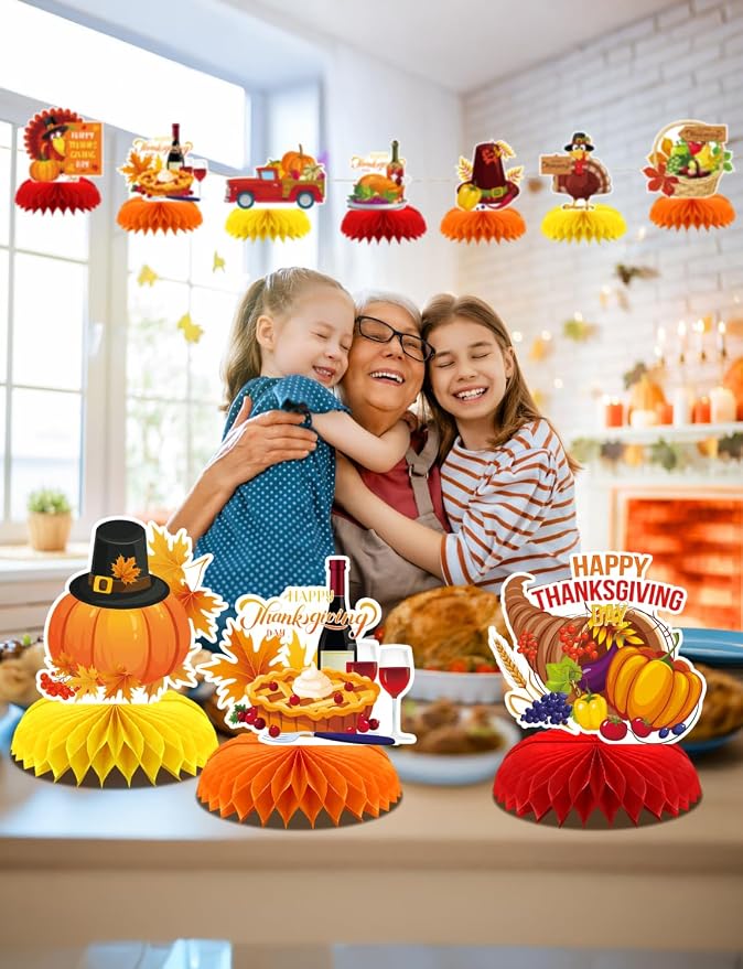 Thanksgiving Table Decorations - 9Pcs Fall Table Decorations 3D Fall Centerpieces for Tables, Turkey Pumpkin Honeycomb Centerpieces Autumn Table Topper for Autumn Thanksgiving Party Supplies