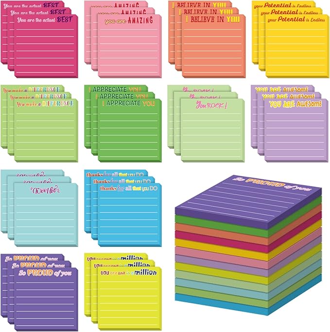 Yinder 48 Pcs Inspirational Sticky Notes Cute Motivational Sticky Notes Pad End of Year Employee Appreciation Gifts Bulk for Teacher Nurse Coworkers Office Supplies 3 x 3'' (Thank You,Dark Color)