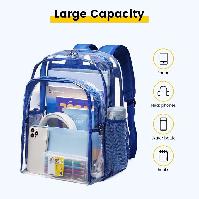 Vorspack Clear Backpack Heavy Duty - Large Clear Backpacks Transparent Bookbag for Girls Boys Large See Through Bag for Work, College, Concert - Blue