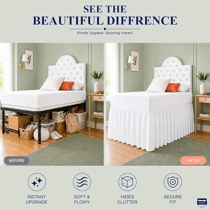 Cottingon Dorm Room Bed Skirt Twin XL, White Microfiber Dust Ruffle, 42 Inch Drop, Fits Standard College Beds 39 x 80, Under Bed Storage Cover, College Dorm Room Essentials, Back to School Bedding