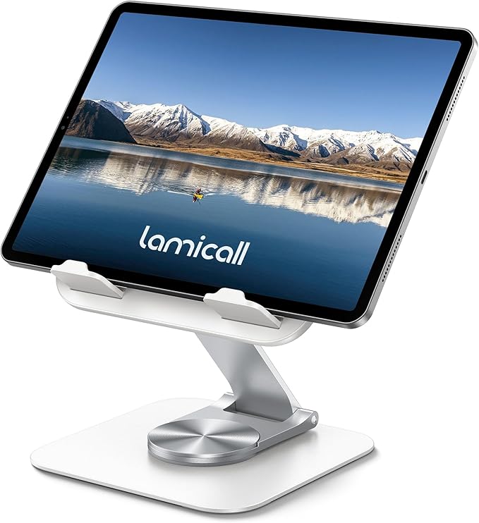 Lamicall Tablet Stand Holder for Desk - [Ultra-Slim Foldable][360°Rotation] iPad Holder Stand, 360° Rotatable Desktop Tablet Holder, Tablets Accessories for 4.7-13" iPad, Switch, Phone (White)