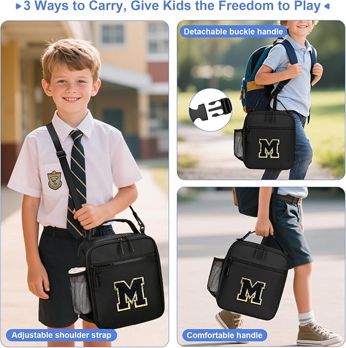Initial Insulated Lunch Bag for Boys Kids, Back to School Gift, Reusable Leak-proof Lunch Box with Adjustable Strap for School Daycare Travel Picnic（Black，M）