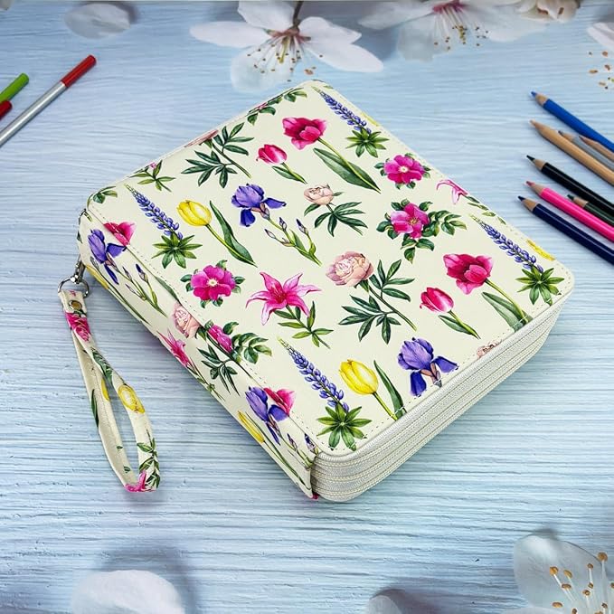 YOUNGCOL 120 Slots Colored Pencil Case Color Pencil Organizer Storage Large Capacity Pencil Case (Faint Yellow + Flower)