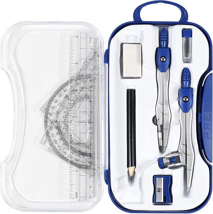Vobou 10 Pieces Math Geometry Kit Set Student Supplies with Shatterproof Storage Box,Includes Rulers,Protractor,Compass,Eraser,Pencil Sharpener,Lead Refills,Pencil,for School and Drawings（Navy Blue）