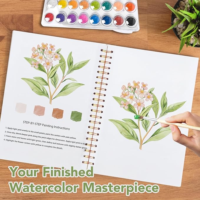 Easy Watercolor Workbook for Beginners - 12 Beautiful Step-by-Step Paintings Water Coloring Book, Includes 16 Watercolors Set, Relaxing Art Projects and Creative Gift for Adults & Teen (Flowers)