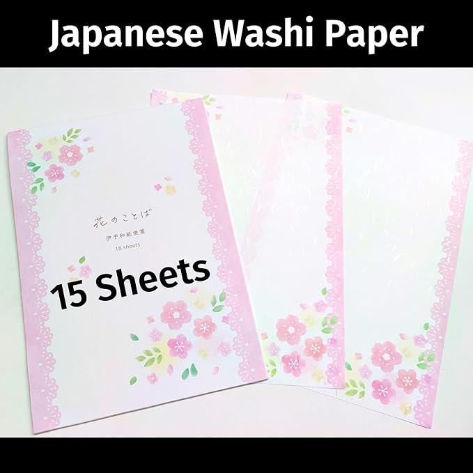 Iyo Washi Printable Stationery Paper 15 Sheets (9.7 x 6.9 inch) Made in Japan, Japanese Pink Flowers Stationery Paper, Inkjet Printer, for Letter Writing, Greeting Card