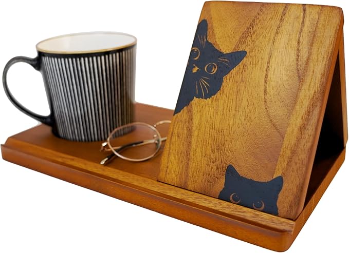 Wooden Book Stand, Triangle Book Holder, Small Bookshelf, Black Cat Book Rest with Cup Holder, for Reading or Desktop Decoration, Coffee and Book Lovers Father's Day Gifts for Dad & Husband
