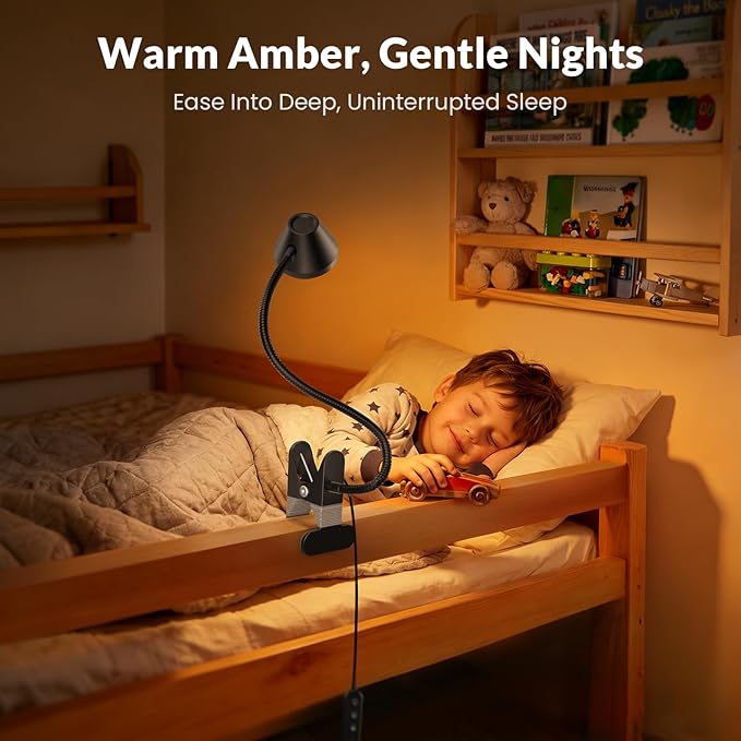LEPOWER Clip on Light, 7W Reading Lights for Books in Bed with 5 Colors & Stepless Dimming, RG0 Eye-Care, Amber Glow Light & Auto Timer, Strong Clamp with Adapter for Headboard, Bedside, Desk, Black