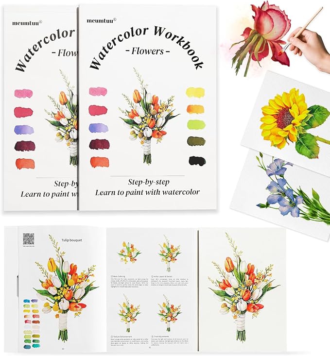 Watercolor Workbook for Beginners - Water Colors Paint Adult Set Including Video and Step by Step Tutorials,12 Flowers Water Coloring Book，300GSM Bleed-Resistant Paper，Relaxing Art Gift for Adults (Floral without Paints)