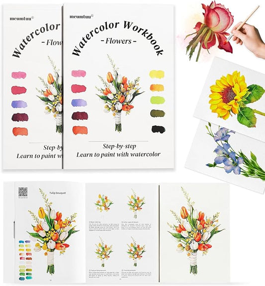 Watercolor Workbook for Beginners - Water Colors Paint Adult Set Including Video and Step by Step Tutorials,12 Flowers Water Coloring Book，300GSM Bleed-Resistant Paper，Relaxing Art Gift for Adults (Floral without Paints)