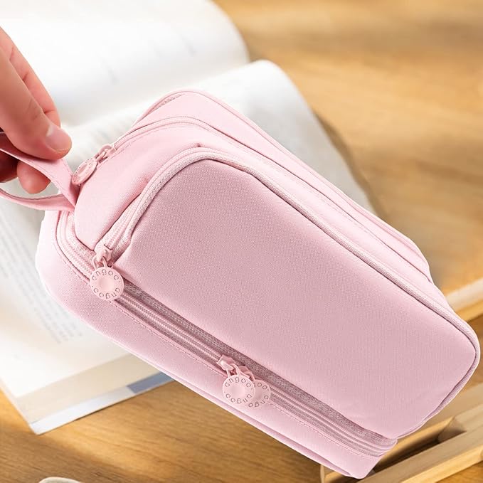 MAMUNU Large Capacity Pencil Case 4 Compartments, Pencil Pouch Bag with Zipper Portable Handle, Pen Case Bag Stationery Organizer for Office College School Adults Teen Girls Boys Men Women, Pink