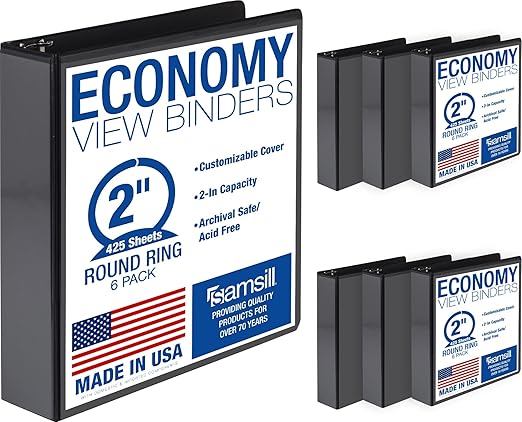 Samsill 2 Inch 3 Ring Binders, Economy Round Ring, Clear View Cover, 425 Sheet Capacity - for School, Home, Office - Black, 6 Pack