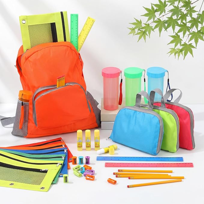 168 Pcs/24 Sets School Supplies Kit Bulk Back to School Essentials Schools Backpack Donation Water Bottle Pencil Pouch HB Pencil Plastic Rulers Sharpener Glue Stick Christmas Donation Set