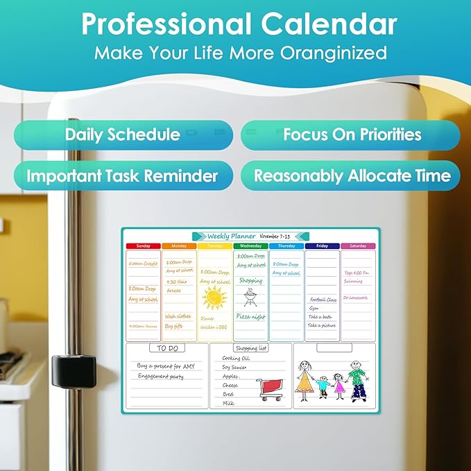 MaxGear Weekly Dry Erase Board for Fridge, 16"x12" Magnetic Calendar Whiteboard Planner for Refrigerator with Stain Resistant Technology, Include 7 Fine Point Markers and 1 Eraser