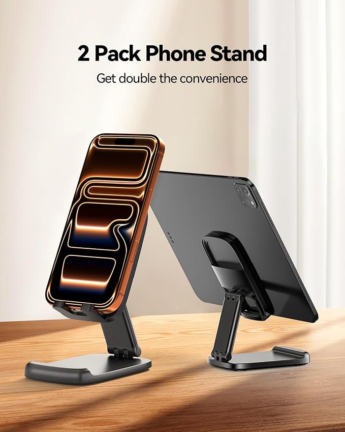 2 Pack Cell Phone Stand for Desk, iPad Stand [Height Adjustable & Upgraded Stable Base] Foldable & Non-Slip Silicone Pad Phone Holder, iPhone Stand for All Smartphones, iPad | Office Desk Accessories