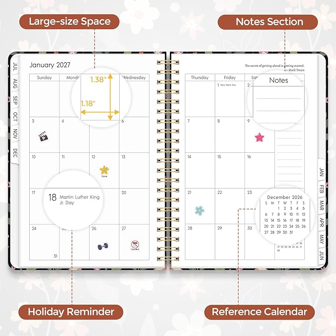 KONVINIT Academic Planner 2026-2027, 12 Months Daily Planner 2026 - July. 2026 to June. 2027, Black 2026-2027 Monthly Planner with Tabs for Student Teacher, A5 (6.1" x 8.5") Week Planner for Home, Office, School Supplies