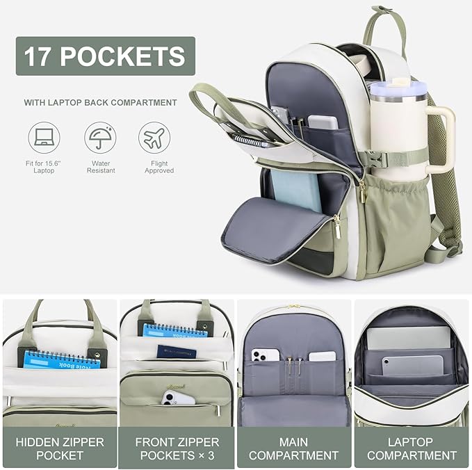 Women Laptop Backpack College Bookbag: 15.6 inch Backpacks with Pouch Pocket for Large Capacity Cup Travel Waterproof Book Bag Anti-theft Casual Work Bookbags for Teacher Nurse Beige Green