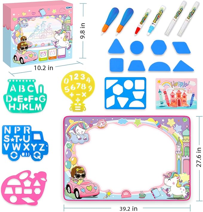 Water Doodle Mat- Kids Painting Writing Doodle Board Toy - Color Drawing Mat Bring Magic Pens Educational Toys for Age 2 3 4 5 6 7 8 9 Year Old Girls Boys Toddler Present