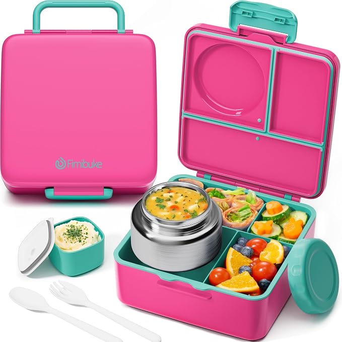 Fimibuke 60oz Leakproof Bento Lunch Box for Kids with 8.5oz Thermo Food Jar | 3-4 Compartment Toddler Lunch Box kids Food Container with Utensil Sauce Cup for School Boys Girls, Dishwasher Safe, BPA-Free