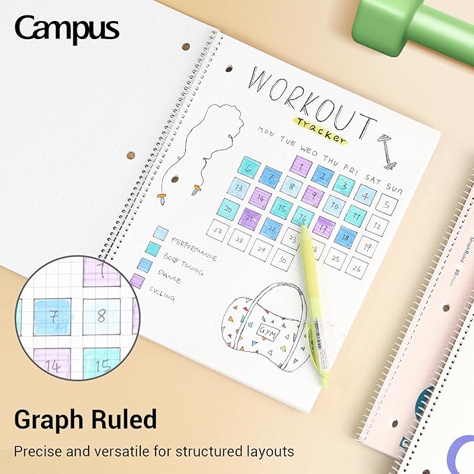 KOKUYO Spiral Notebook with 5x5 Graph Paper, 3 Pack Campus 10-1/2" x 8" Subject Notebooks, 80 Sheets, Light Pink Blue Off-White 3 Holes School Spiral Journal for Study Planner Drawing (WSG-SU-400G4×3) (Paper)