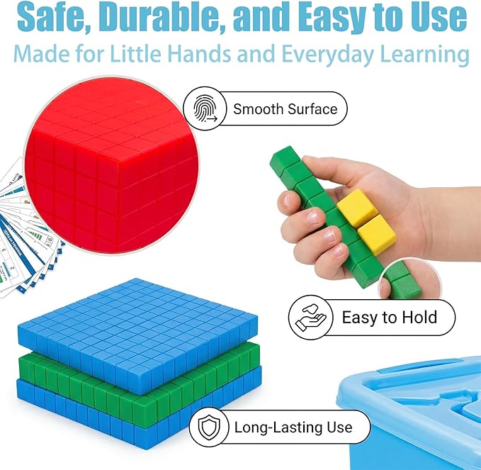 Base Ten Blocks 153 pcs Math Manipulatives, Base 10 Blocks for Math, Math Cubes & Place Value Blocks for Kids, Math Counters for 1st Grade Kindergarten Classroom Homeschool Learning Kit