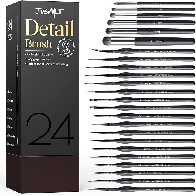 JusArt 24-Piece Detail Paint Brush Set, Miniature Paint Brushes for Models, Acrylic Oil Watercolor, Professional Fine Detail Brushes for Adults & Miniature Painters