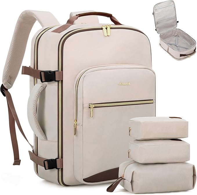 LOVEVOOK Travel Backpack for Women & Men 50L,Airline Approved Carry On Backpack Travel Essentials,TSA Carry on Luggage,Waterproof Personal Item Travel Bag,Suitcase with 3 Packing Cubes,Primary-Coffee